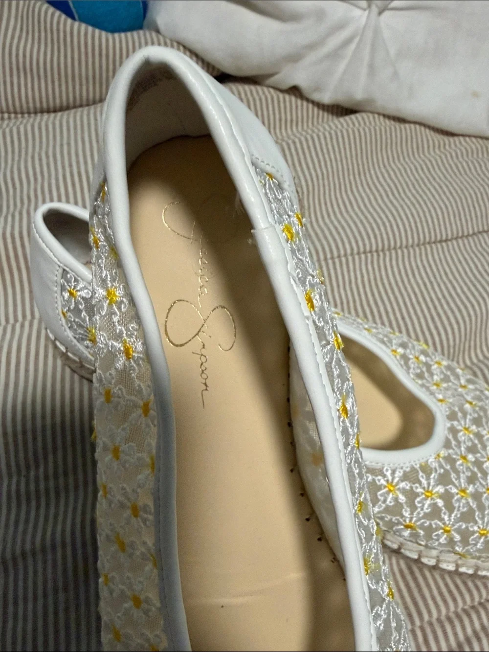 Jessica Simpson White Espadrille Flats with Yellow Floral Embroidery